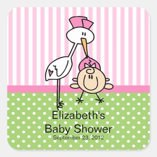 Cute Stork Baby Girl Baby Shower Square Sticker (Front)