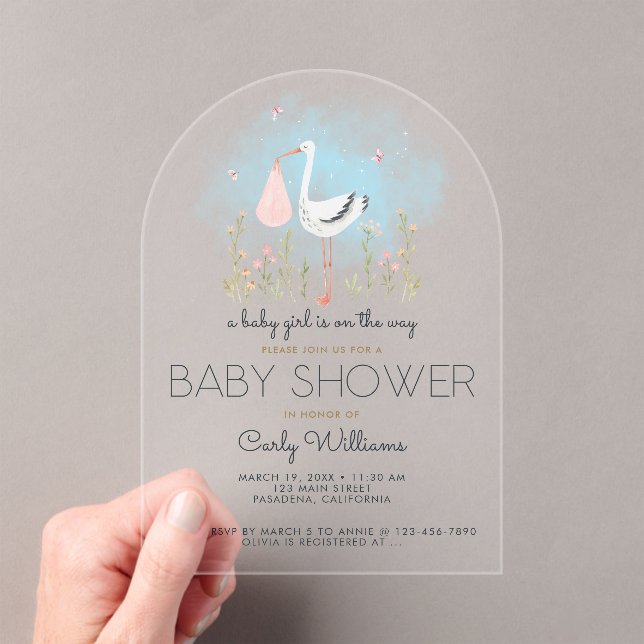 Cute Stork Baby Shower Acrylic Invitations (Insitu (Handheld))