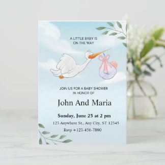 Cute Stork Baby Shower Invitation Watercolor Boy G