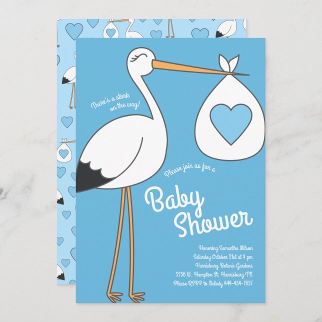 Cute Stork Baby Shower Mod Blue Boy Invitation (Front/Back)