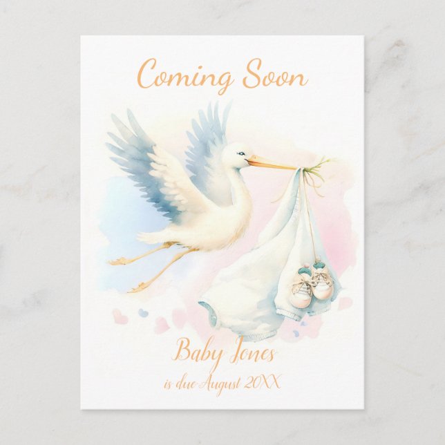 Cute Stork coming soon announcement Invitation Postcard (Front)