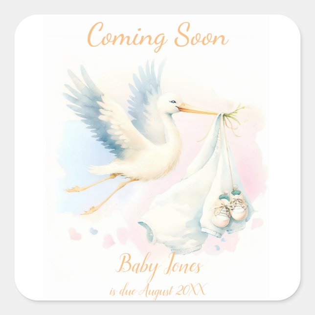 Cute Stork coming soon announcement Invitation Squ Square Sticker (Front)