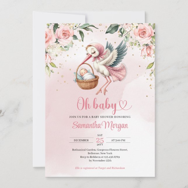 Cute stork delivering a baby girl floral invitation (Front)