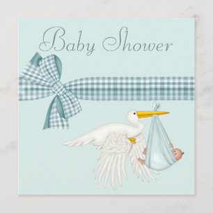 Cute Stork Delivering Baby Boy Blue Baby Shower Invitation