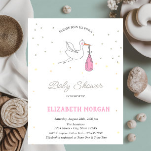 Cute Stork Girl Stars Baby Shower Invitation