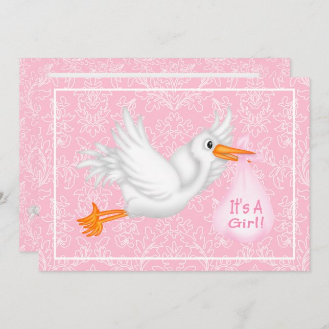 Cute Stork It's a Girl Pink Baby Shower Invitation (Front/Back)