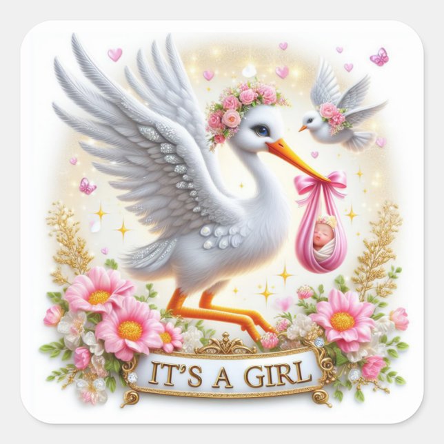 Cute Stork It's A Girl with Baby and Flowers Square Sticker (Front)