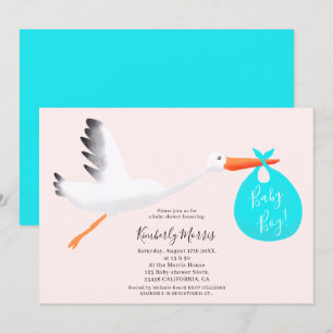 Cute stork pink bag illustration baby boy shower invitation