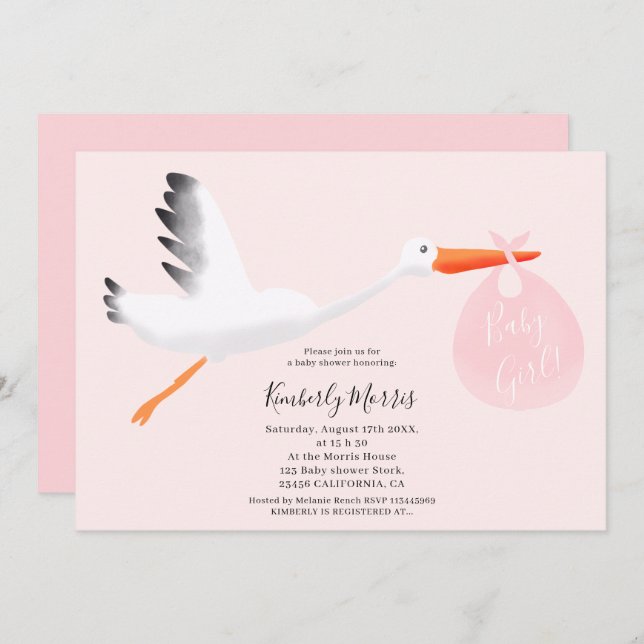 Cute stork pink bag illustration baby girl shower invitation (Front/Back)