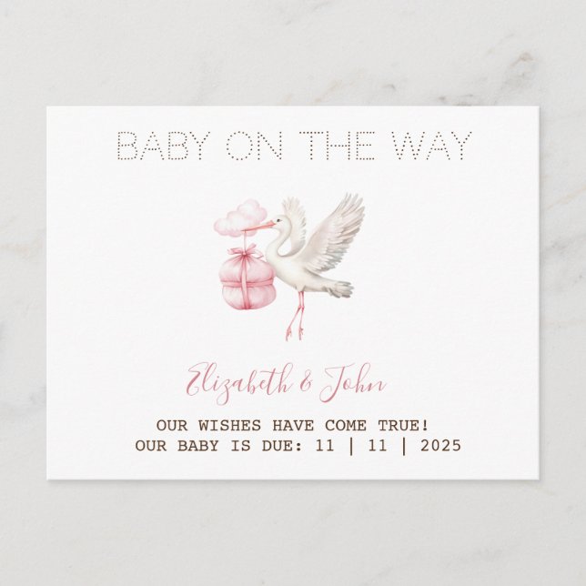 Cute Stork Pink Present Announcement Postcard (Front)