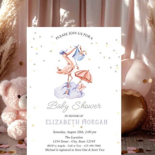 Cute Stork Stars Baby Shower   Invitation (Creator Uploaded)