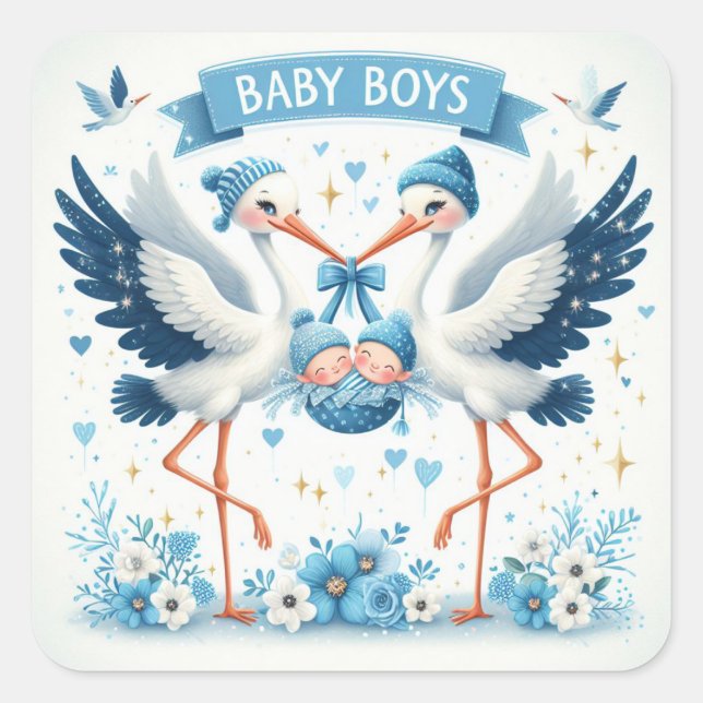 Cute Storks Carrying Twin Baby Boys Square Sticker (Front)