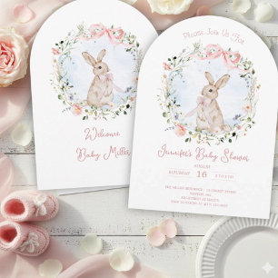 Cute Storybook Bunny Wildflower Wreath Baby Shower Invitation