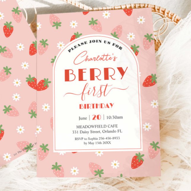 Cute Strawberries Berry First 1st Birthday Invitation (Creator Uploaded)