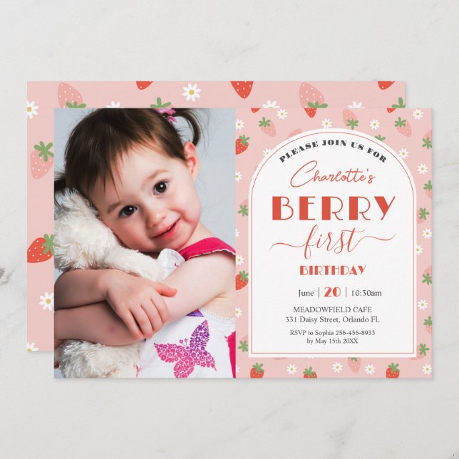 Cute Strawberries Berry First 1st Birthday Photo Invitation (Front/Back)