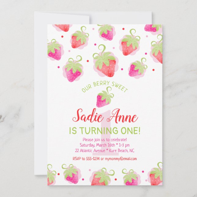 Cute Strawberries Berry Sweet Red & Pink Birthday  Invitation (Front)