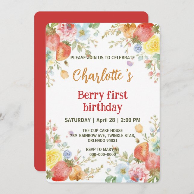 Cute strawberries rainbow pattern 1st birthday invitation (Front/Back)
