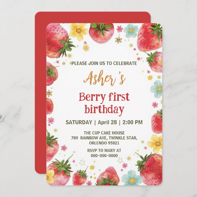 Cute strawberries rainbow pattern 1st birthday invitation (Front/Back)