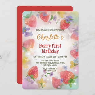 Cute strawberries rainbow pattern 1st birthday invitation