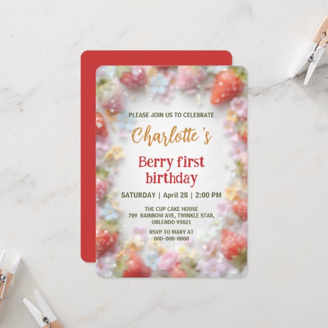 Cute strawberries rainbow pattern 1st birthday invitation (Front/Back In Situ)