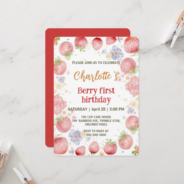 Cute strawberries rainbow pattern 1st birthday invitation (Front/Back In Situ)