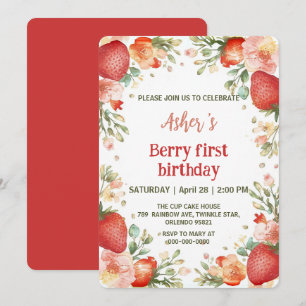 Cute strawberries rainbow pattern 1st birthday invitation