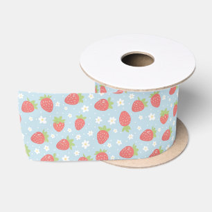 Cute Strawberries & Strawberry Flower Pattern Blue Satin Ribbon