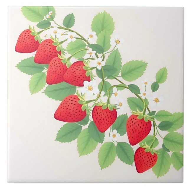 Cute Strawberries With Green Leaves And  Flowers Ceramic Tile (Front)