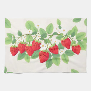 Cute Strawberries With Green Leaves And  Flowers Tea Towel