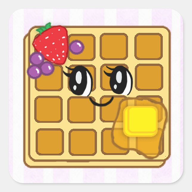 Cute Strawberry and Blueberry Waffle Cartoon Square Sticker (Front)
