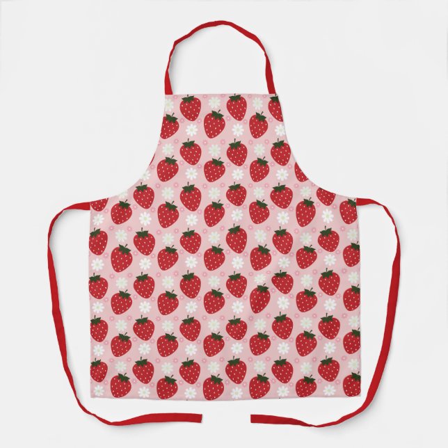 Cute Strawberry and Daisy Red Strap Apron (Front)
