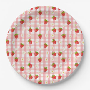 Cute strawberry and flowers on a pink gingham paper plate