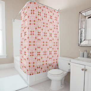 Cute strawberry and flowers on a pink gingham shower curtain
