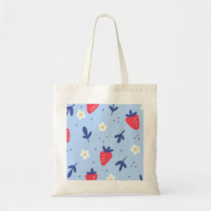 Cute Strawberry and Spring Flower Pattern on Blue Tote Bag