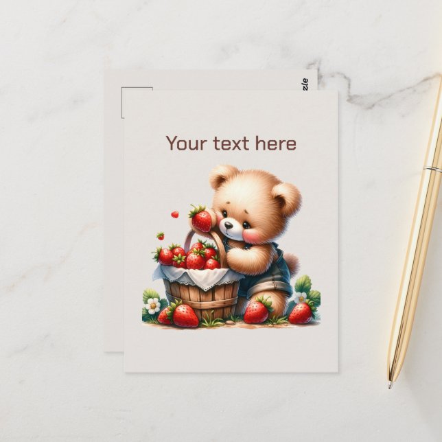 Cute strawberry bear customisable postcard (Front/Back In Situ)