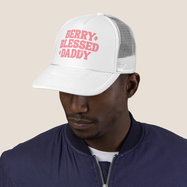 Cute Strawberry Berry Blessed Daddy Pink Birthday Trucker Hat (In Situ)