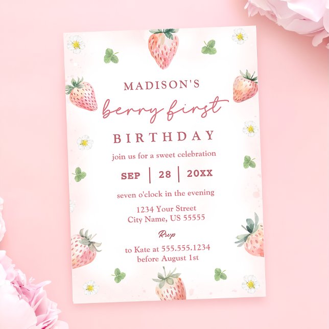 Cute Strawberry Berry First 1st Birthday Invitation (Creator Uploaded)