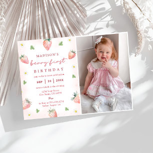 Cute Strawberry Berry First 1st Birthday Photo  Invitation