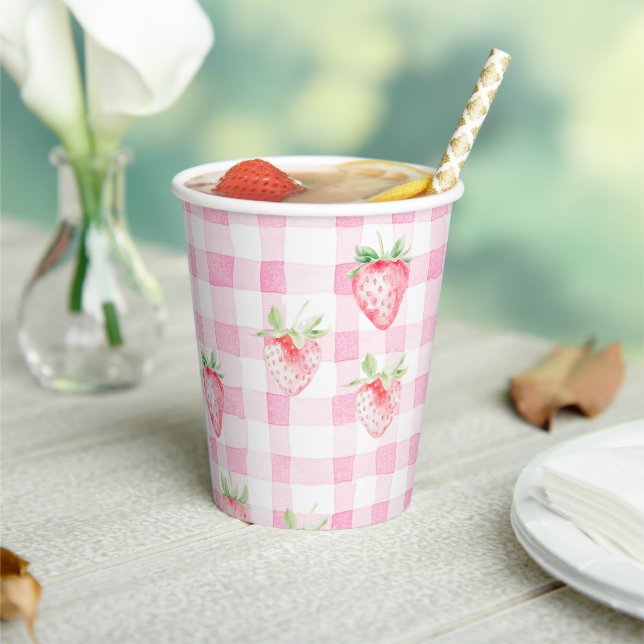 Cute Strawberry Berry Pink Gingham Brithday Paper Cups (Insitu)
