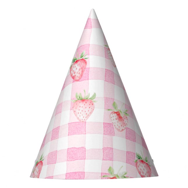 Cute Strawberry Berry Pink Gingham Brithday Party Hat (Front)