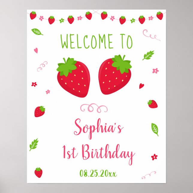 Cute Strawberry Berry Sweet Birthday Welcome Poster (Front)