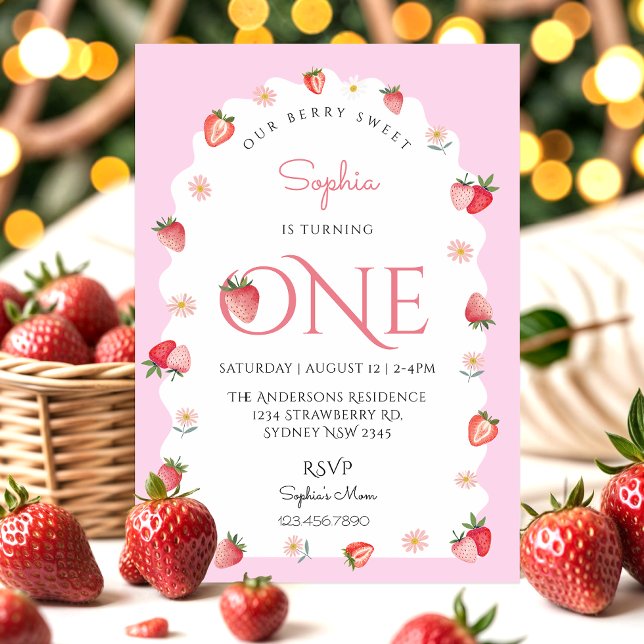 Cute Strawberry Berry Sweet First Birthday Wavy Invitation (Creator Uploaded)