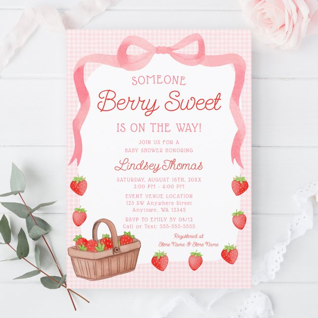 Cute Strawberry Bow Girl Baby Shower Invitation (Creator Uploaded)