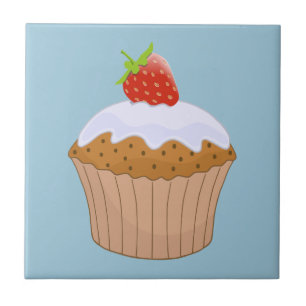 Cute Strawberry Bun Blue Ceramic Tile