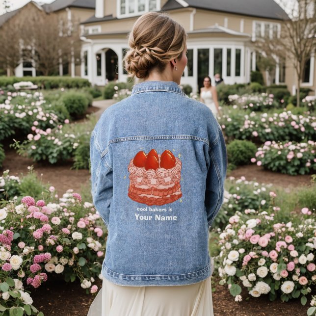 Cute Strawberry Cake Personalised Baker Custom Denim Jacket (Wedding Back)