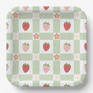 Cute Strawberry Checkered Kids Birthday Paper Plate