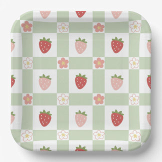 Cute Strawberry Checkered Kids Birthday Paper Plate