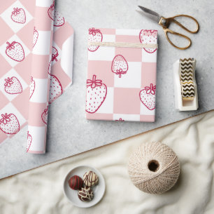 cute strawberry chequerboard pattern wrapping paper