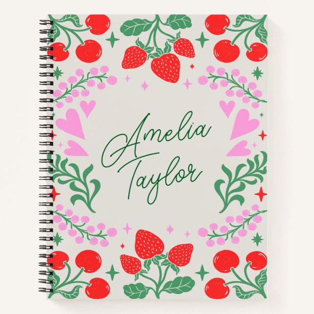 Cute Strawberry Cherry Aesthetic Personalized Name Notebook (Front)
