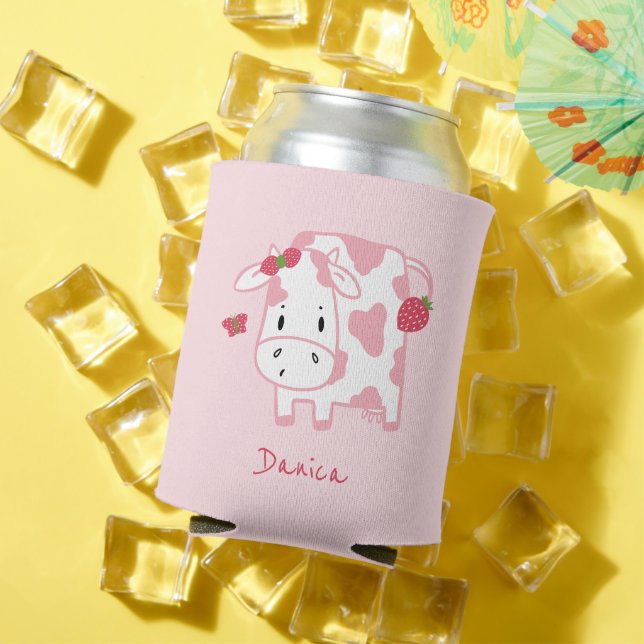 Cute Strawberry Cow and Butterfly | Name Can Cooler (In Situ Summer)
